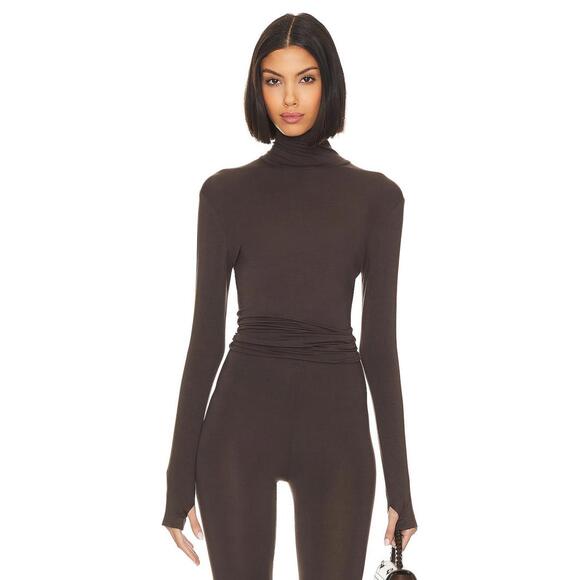 Norma Kamali Slim Fit Long Sleeve Turtle Top in Chocolate - Picture 1 of 7